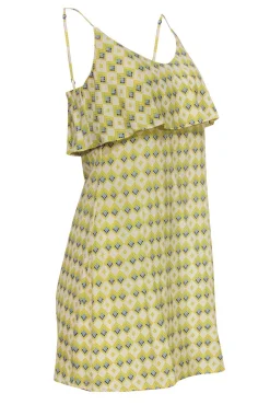 Joie - Yellow, White & Blue Geometric Print Spaghetti Strap Silk Shift Dress w/ Flounce Sz S