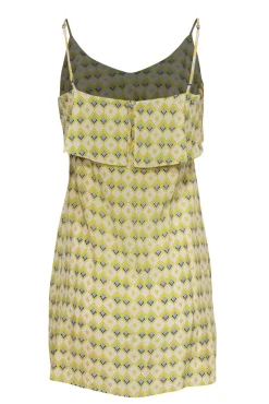 Joie - Yellow, White & Blue Geometric Print Spaghetti Strap Silk Shift Dress w/ Flounce Sz S