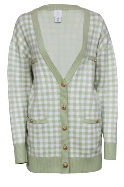 Joie- Light Green & White Gingham Print Cardigan Sz M