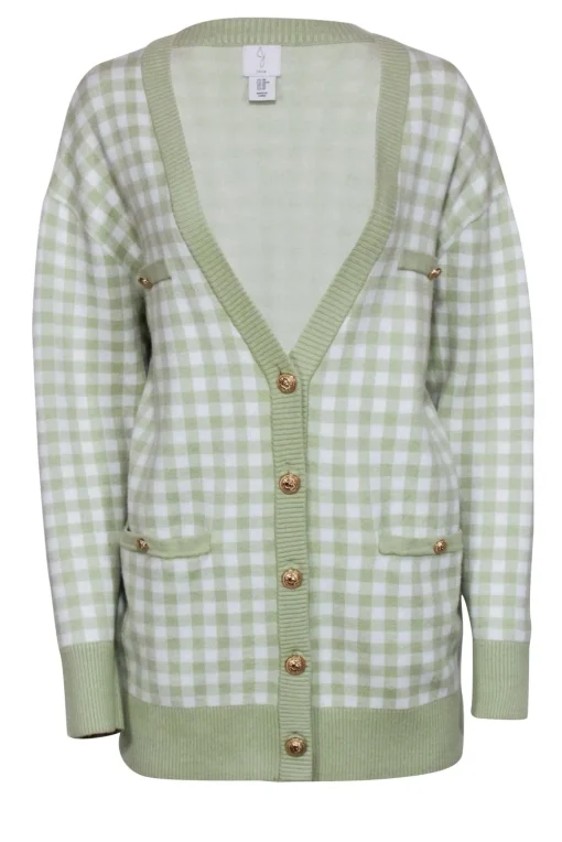 Joie- Light Green & White Gingham Print Cardigan Sz M