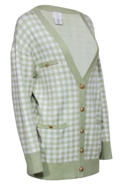 Joie- Light Green & White Gingham Print Cardigan Sz M