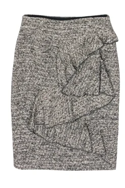 Karen Millen - Beige & Black Tweed Ruffled Front Pencil Skirt Sz 6
