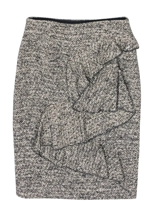 Karen Millen - Beige & Black Tweed Ruffled Front Pencil Skirt Sz 6