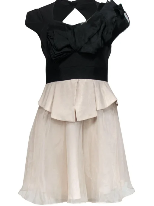 Karen Millen - Black & Beige Fit & Flare Dress w/ Ruffle Design Sz 4