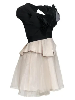 Karen Millen - Black & Beige Fit & Flare Dress w/ Ruffle Design Sz 4