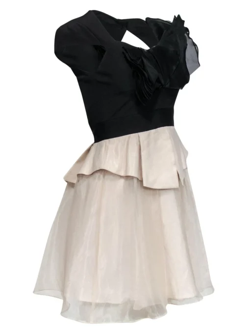 Karen Millen - Black & Beige Fit & Flare Dress w/ Ruffle Design Sz 4