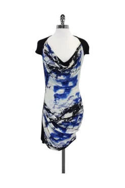 Karen Millen - Black & Blue Abstract Print Short Sleeve Dress Sz 6