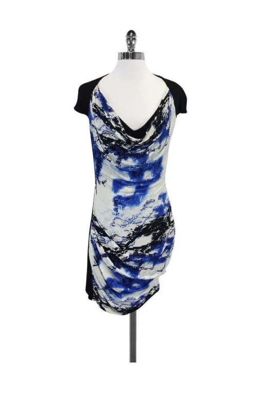 Karen Millen - Black & Blue Abstract Print Short Sleeve Dress Sz 6