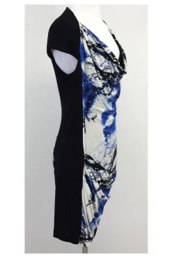 Karen Millen - Black & Blue Abstract Print Short Sleeve Dress Sz 6
