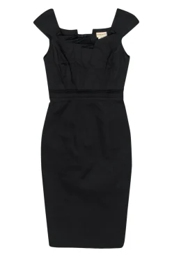 Karen Millen - Black Cotton Sheath Dress w/ Fanned Pleated Bodice Sz 2
