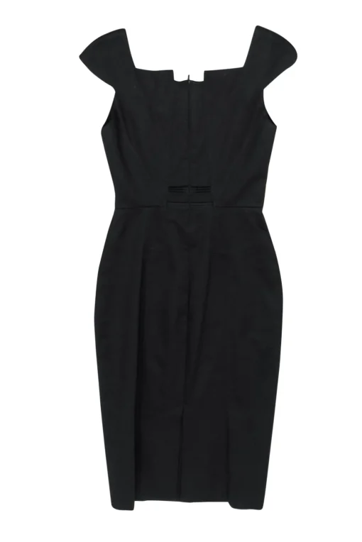 Karen Millen - Black Cotton Sheath Dress w/ Fanned Pleated Bodice Sz 2