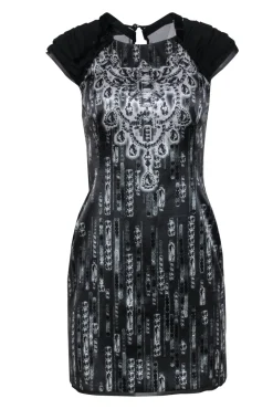 Karen Millen - Black Diamond Print Sheath Dress w/ Pleated Sleeves & Velvet Trim Sz 6