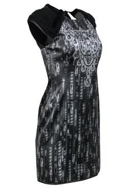 Karen Millen - Black Diamond Print Sheath Dress w/ Pleated Sleeves & Velvet Trim Sz 6
