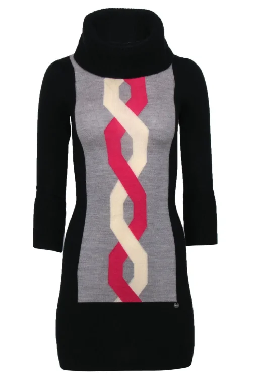 Karen Millen - Black, Grey, Pink & White Merino Wool Turtleneck Sweater Dress Sz XS