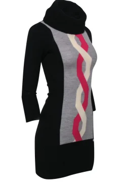 Karen Millen - Black, Grey, Pink & White Merino Wool Turtleneck Sweater Dress Sz XS