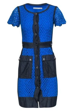 Karen Millen - Blue Eyelet Lace & Denim Bodycon Dress w/ Pockets Sz 2