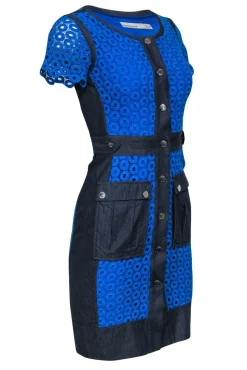 Karen Millen - Blue Eyelet Lace & Denim Bodycon Dress w/ Pockets Sz 2