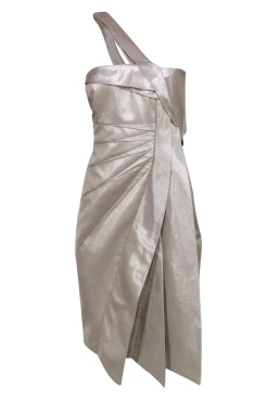 Karen Millen - Champagne Shiny Pleated One-Shouldered Sheath Dress Sz 10