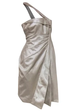 Karen Millen - Champagne Shiny Pleated One-Shouldered Sheath Dress Sz 10