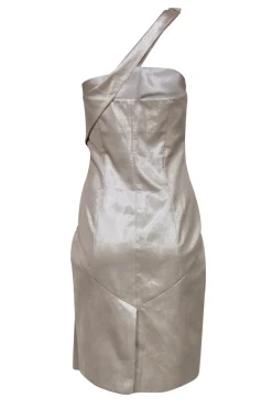 Karen Millen - Champagne Shiny Pleated One-Shouldered Sheath Dress Sz 10