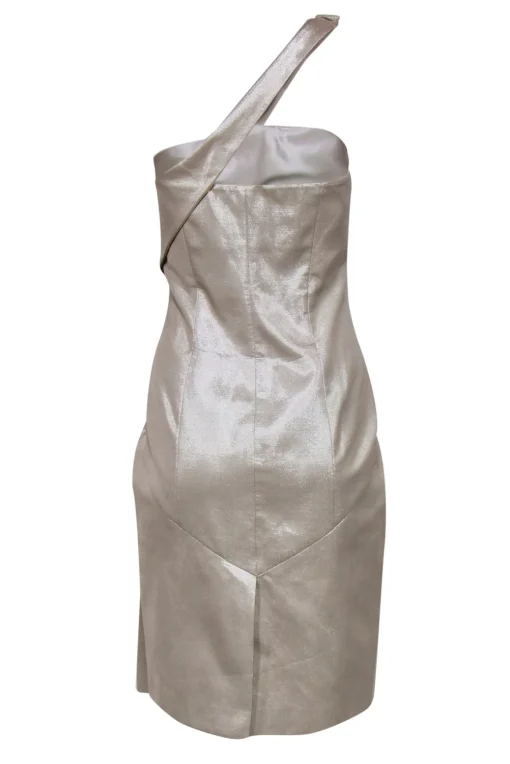 Karen Millen - Champagne Shiny Pleated One-Shouldered Sheath Dress Sz 10
