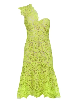 Karen Millen - Chartreuse Lace One Shoulder Fit & Flare Dress Sz 10