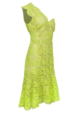 Karen Millen - Chartreuse Lace One Shoulder Fit & Flare Dress Sz 10