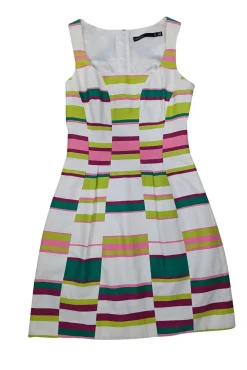 Karen Millen - Ivory, Pink, & Green Stripe Sleeveless Dress Sz 2