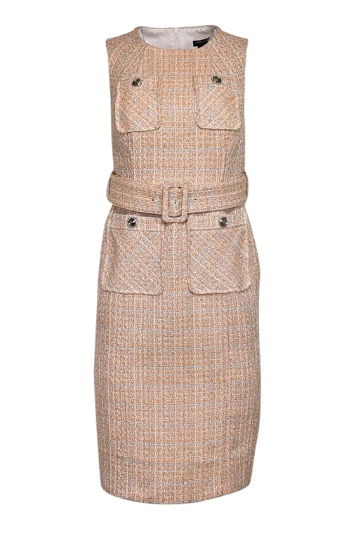 Karen Millen - Orange, White, & Silver Tweed Belted Dress Sz 6P