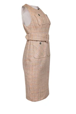Karen Millen - Orange, White, & Silver Tweed Belted Dress Sz 6P