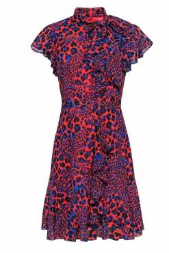 Karen Millen - Red & Blue Leopard Print Dress w/ Studded Waist Sz 8