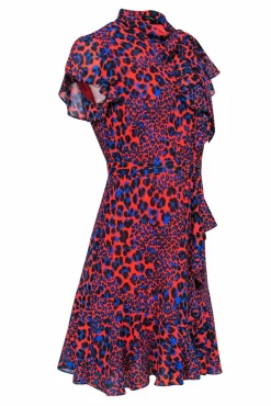 Karen Millen - Red & Blue Leopard Print Dress w/ Studded Waist Sz 8