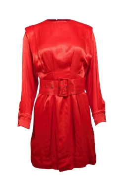 Karen Millen - Red Satin Long Sleeve Belted Dress Sz 4