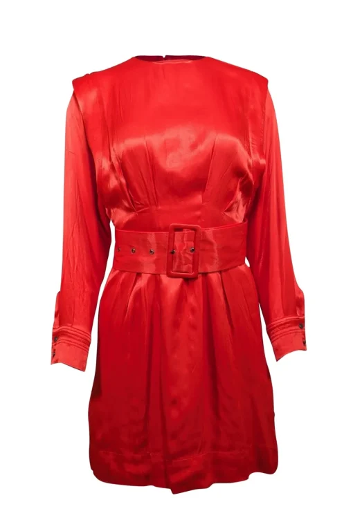Karen Millen - Red Satin Long Sleeve Belted Dress Sz 4