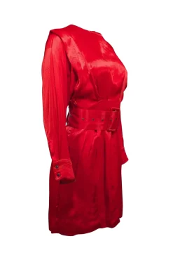 Karen Millen - Red Satin Long Sleeve Belted Dress Sz 4
