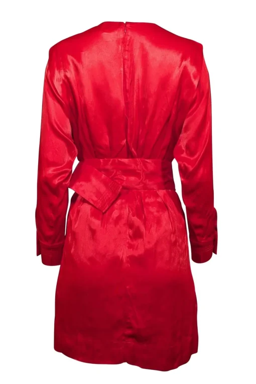 Karen Millen - Red Satin Long Sleeve Belted Dress Sz 4