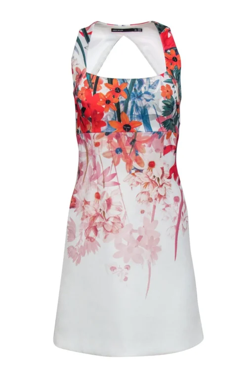 Karen Millen - White Floral Print Open Back Dress Sz 2