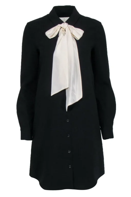 Kate Spade - Black Crepe Shirt Dress w/ Cream Neck Tie Sz 4