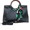 Kate Spade - Black Leather Shoulder Bag w/ Wood Circle Handles & Floral Detail