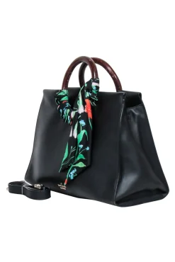 Kate Spade - Black Leather Shoulder Bag w/ Wood Circle Handles & Floral Detail