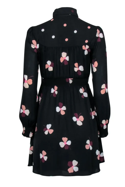 Kate Spade - Black Long Sleeve Neck Tie Dress w/ Floral Print Sz XXS