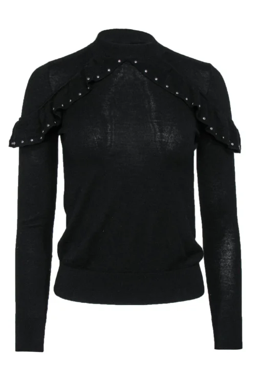 Kate Spade - Black Ruffle Wool Sweater w/ Studs Sz XXS