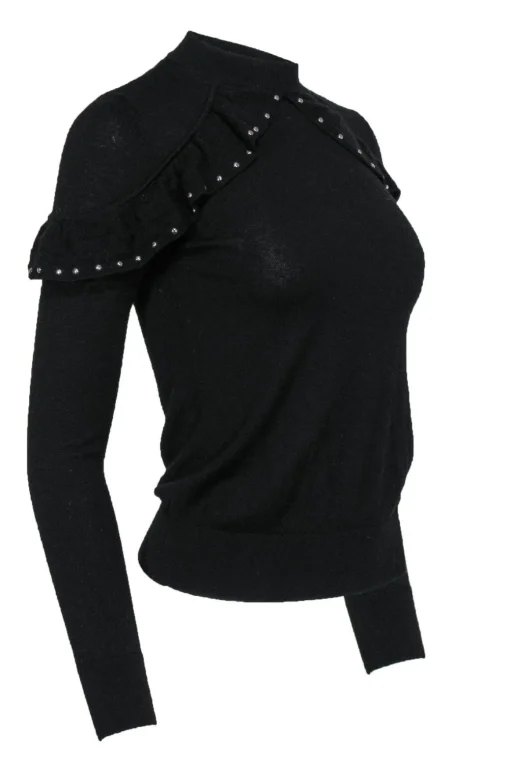 Kate Spade - Black Ruffle Wool Sweater w/ Studs Sz XXS