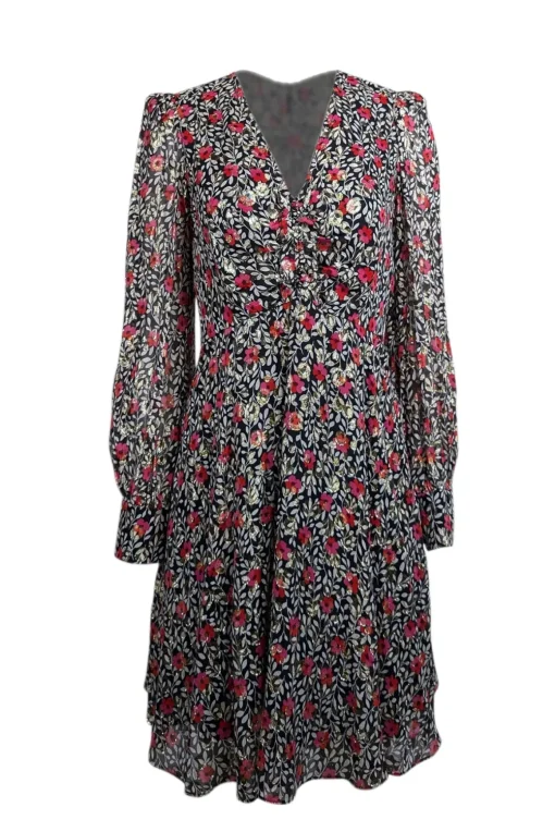 Kate Spade - Black, White, & Pink Floral Print Silk Dress w/ Metallic Clip Dots Sz 6