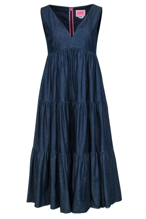 Kate Spade - Dark Wash Chambray Sleeveless Tiered Maxi Dress Sz 6