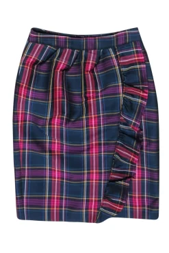 Kate Spade - Navy & Purple Plaid Ruffle Front Skirt Sz 2