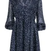 Kate Spade - Navy & Silver Metallic Star Print Silk Dress Sz 8