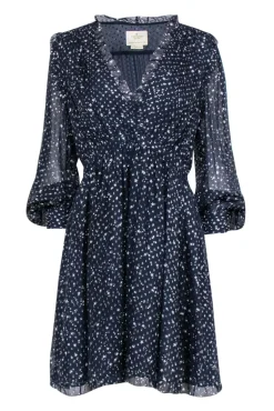 Kate Spade - Navy & Silver Metallic Star Print Silk Dress Sz 8