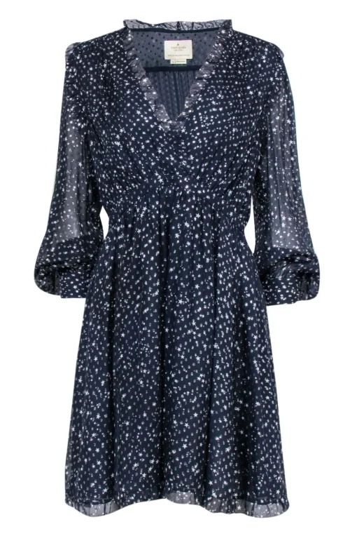 Kate Spade - Navy & Silver Metallic Star Print Silk Dress Sz 8