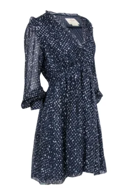 Kate Spade - Navy & Silver Metallic Star Print Silk Dress Sz 8